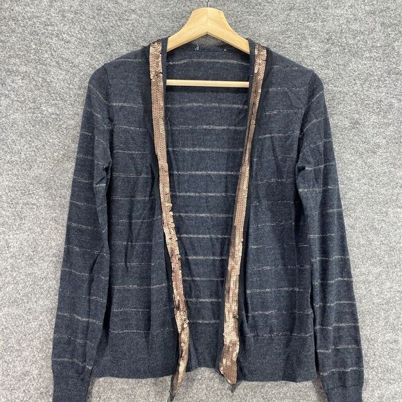 Unbranded Cardigan Women M Medium Gray Striped Sequin Wool Knit Open Front - Picture 3 of 9